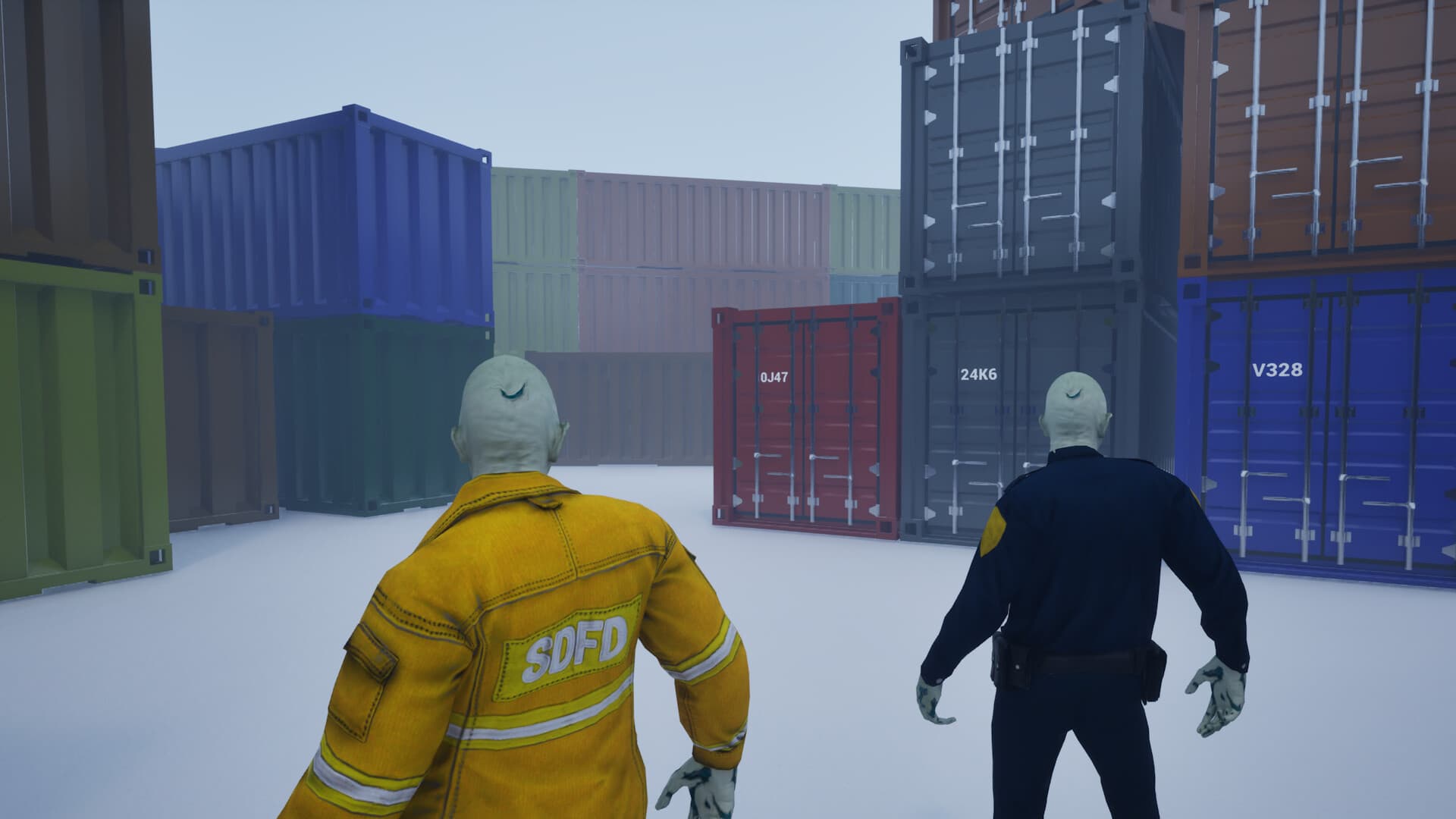 CODEDOOR gameplay in a container yard with two zombies approaching numbered containers